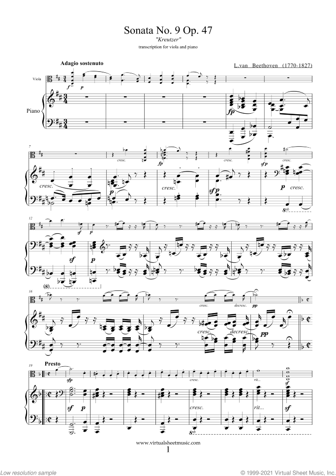 Sonata Op.47 No.9 "Kreutzer" sheet music for viola and piano by Ludwig van Beethoven, classical score, advanced skill level