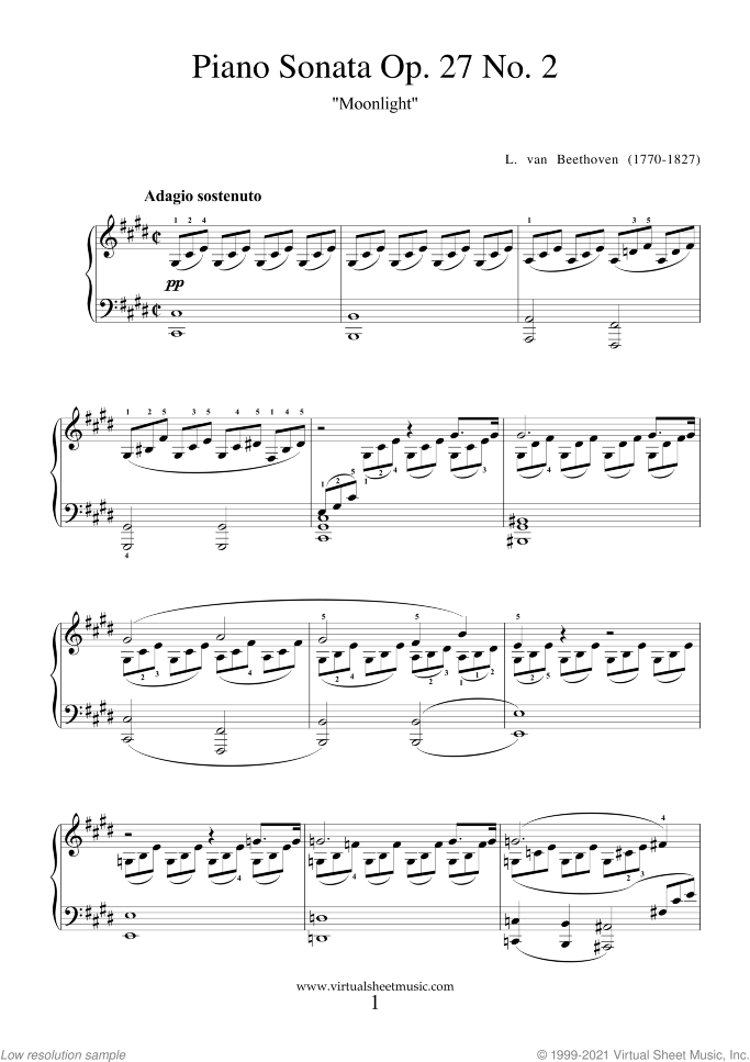 Sonata Op.27 No.2 "Moonlight" sheet music for piano solo by Ludwig van Beethoven, classical score, advanced skill level