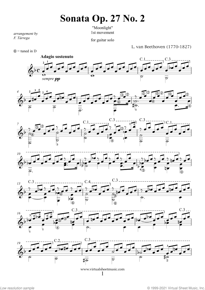 Adagio from Sonata Op. 27 No.2 "Moonlight" sheet music for guitar solo by Ludwig van Beethoven, classical score, advanced skill level