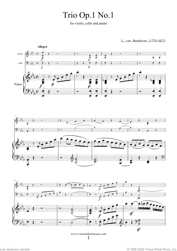 Trio Op.1 No.1 sheet music for violin, cello and piano by Ludwig van Beethoven, classical score, intermediate/advanced skill level