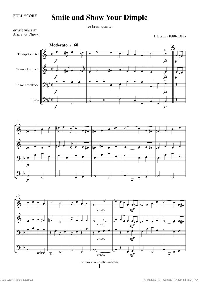 Smile and Show Your Dimple (Easter Parade) sheet music for brass quartet by Irving Berlin, classical score, intermediate skill level