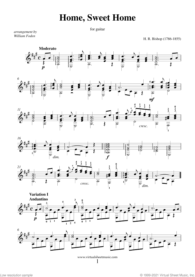 Home Sweet Home sheet music for guitar solo by Henry Rowley Bishop, intermediate skill level