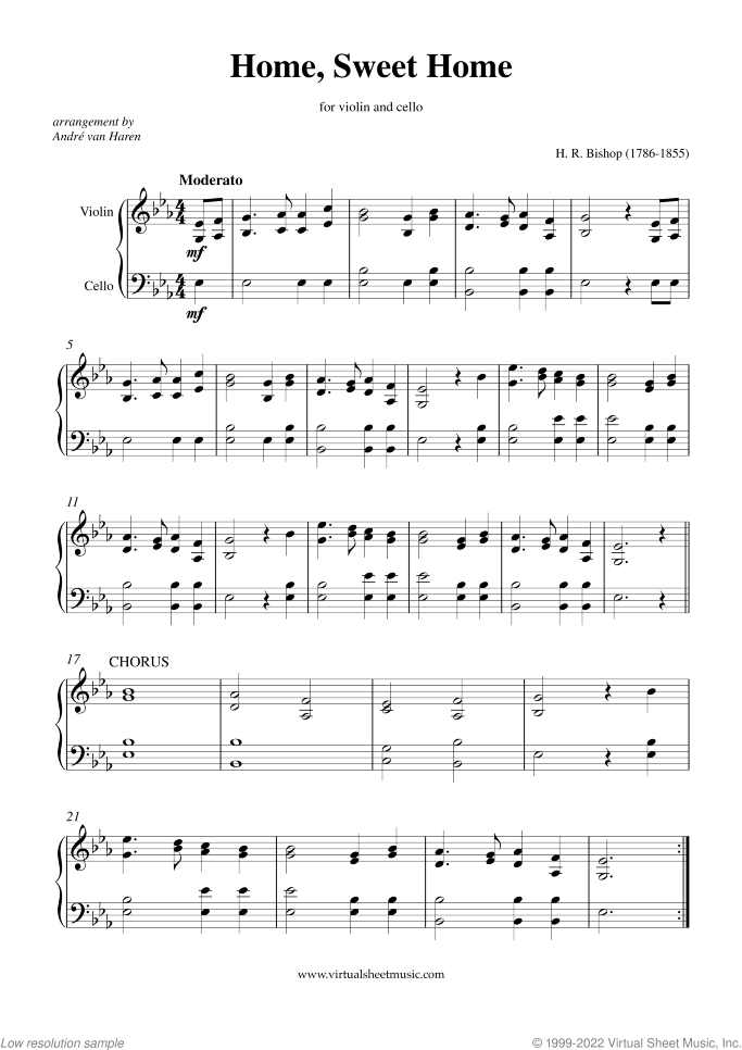 Home Sweet Home sheet music for violin and cello by Henry Rowley Bishop, easy duet