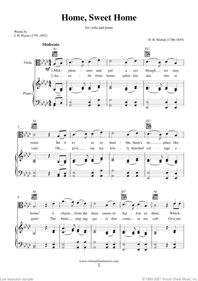 Home Sweet Home sheet music for viola and piano by Henry Rowley Bishop, easy skill level