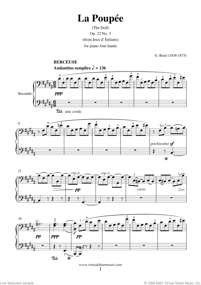 La Poupee (The Doll) sheet music for piano four hands by Georges Bizet, classical score, intermediate skill level