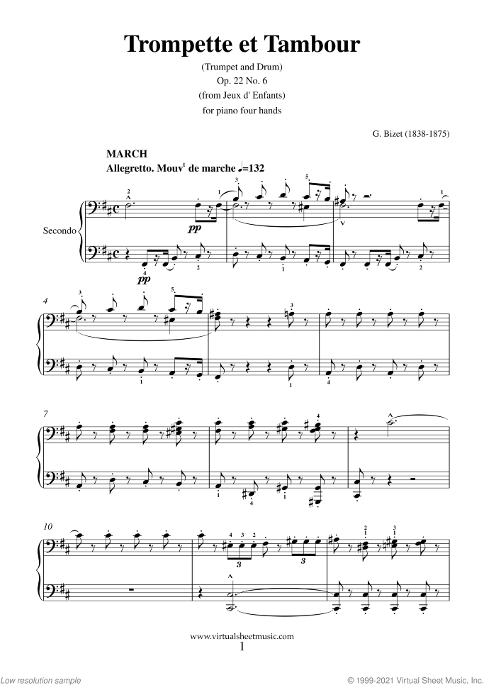 Trompette et Tambour sheet music for piano four hands by Georges Bizet, classical score, intermediate skill level