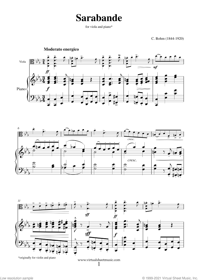 Sarabande sheet music for viola and piano by Carl Bohm, classical score, intermediate skill level