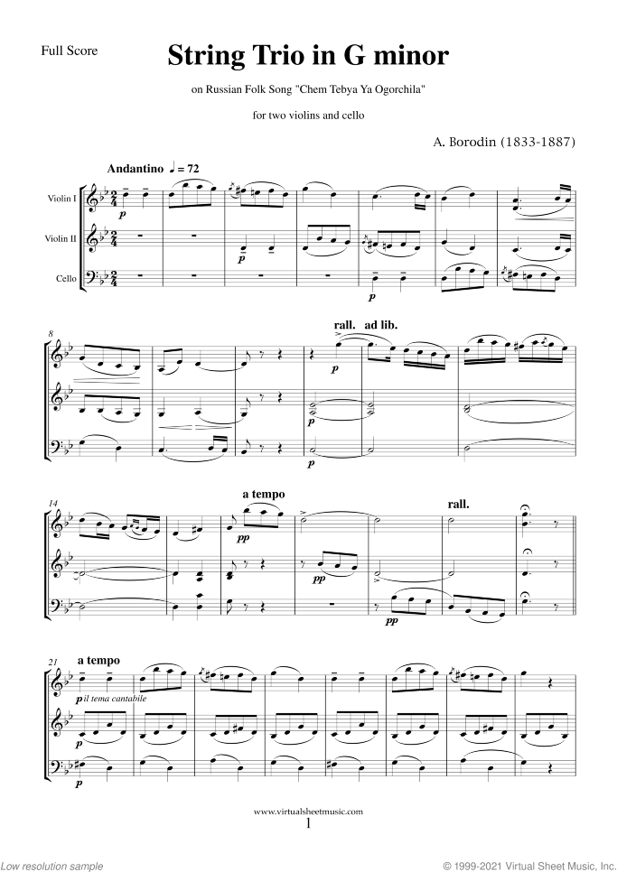 String Trio in G minor (f.score) sheet music for string trio (two violins and cello) by Alexander Borodin, classical score, advanced skill level