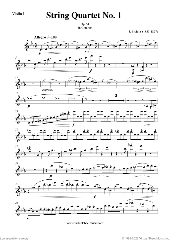 String Quartet Op. 51 No. 1 (parts) sheet music for string quartet by Johannes Brahms, classical score, advanced skill level