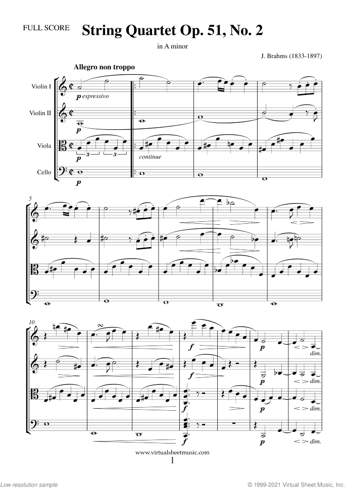 String Quartet Op. 51 No. 2 (f.score) sheet music for string quartet by Johannes Brahms, classical score, advanced skill level