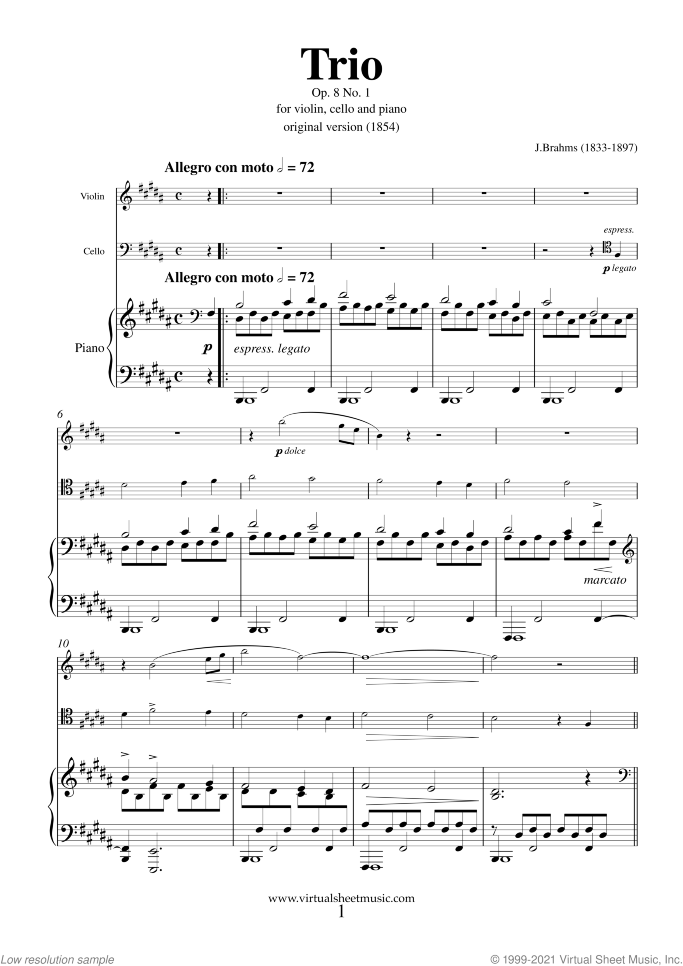 Trio No.1 Op.8 (COMPLETE) sheet music for violin, cello and piano by Johannes Brahms, classical score, advanced skill level