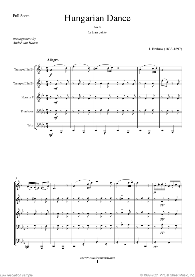 Hungarian Dance No. 5 (f.score) sheet music for brass quintet by Johannes Brahms, classical score, intermediate skill level
