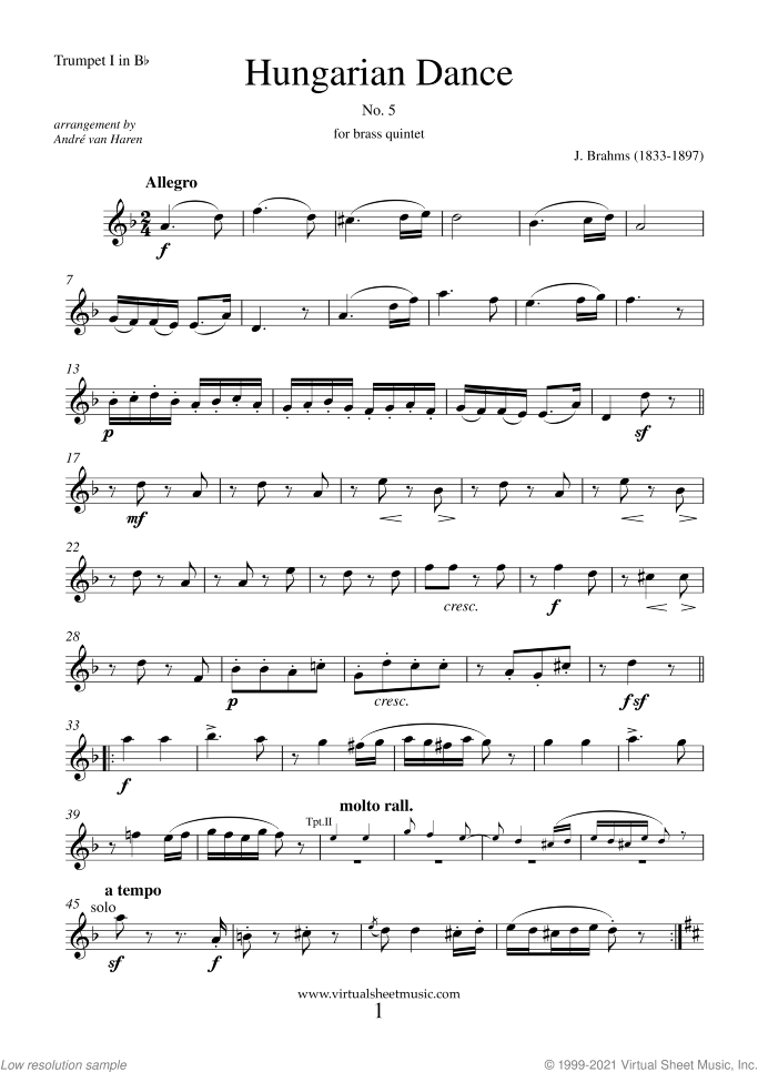 Hungarian Dance No. 5 (parts) sheet music for brass quintet by Johannes Brahms, classical score, intermediate skill level