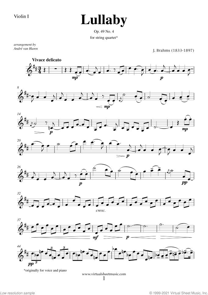Lullaby Op. 49 No. 4 (parts) sheet music for string quartet by Johannes Brahms, classical score, easy skill level