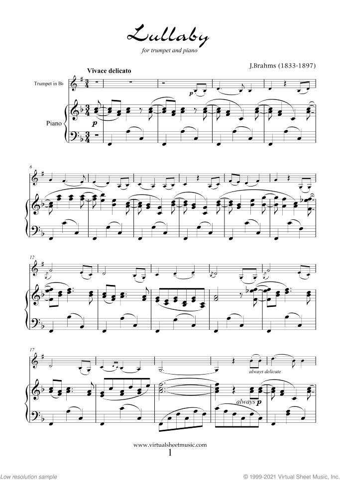 Lullaby Op. 49 No. 4 sheet music for trumpet and piano by Johannes Brahms, classical score, easy skill level