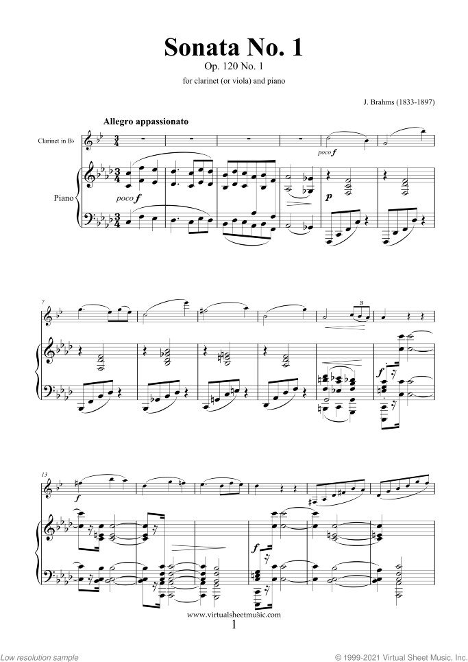 Sonata No.1 in F minor Op.120 sheet music for clarinet (or viola) and piano by Johannes Brahms, classical score, advanced skill level