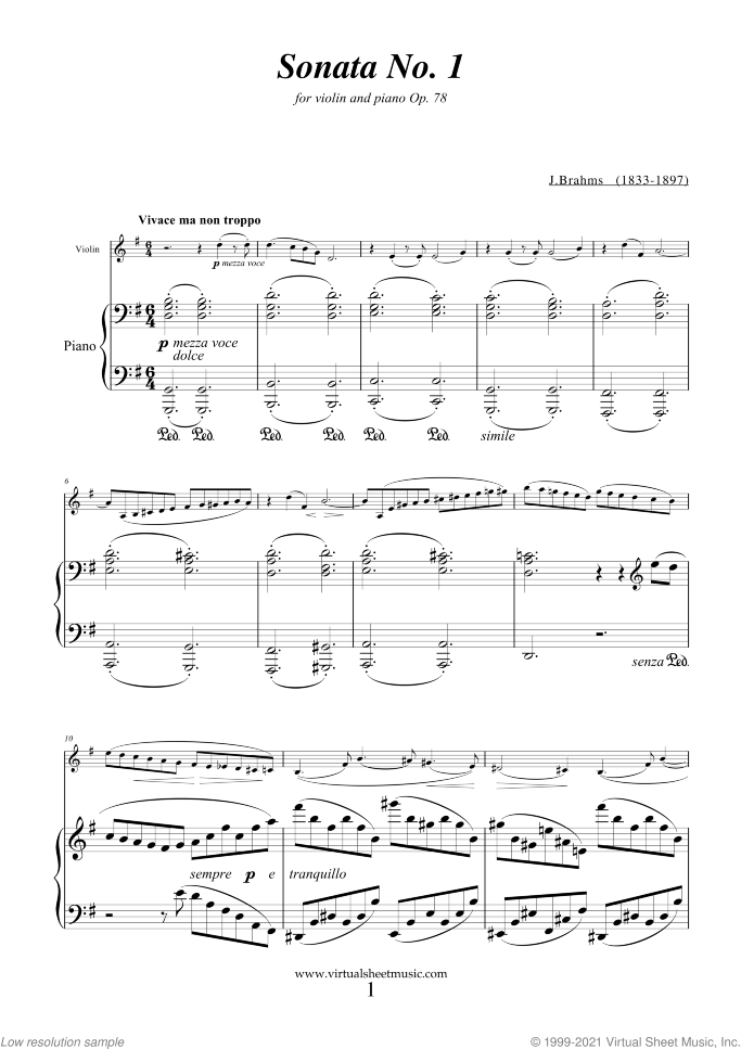 Sonata No.1 in G major Op.78 sheet music for violin and piano by Johannes Brahms, classical score, advanced skill level