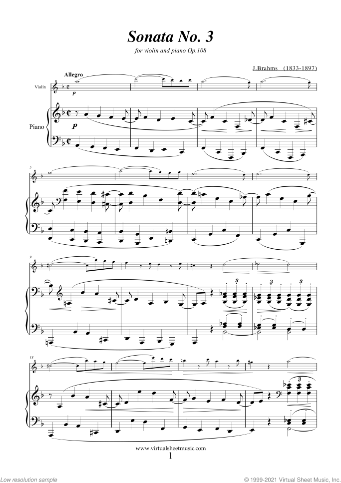 Sonata No.3 in D minor Op.108 sheet music for violin and piano by Johannes Brahms, classical score, advanced skill level