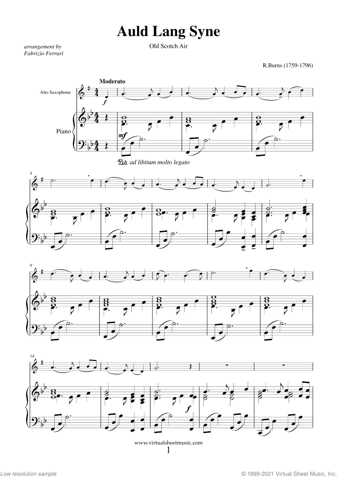 Auld Lang Syne sheet music for alto saxophone and piano by Robert Burns, classical score, easy/intermediate skill level