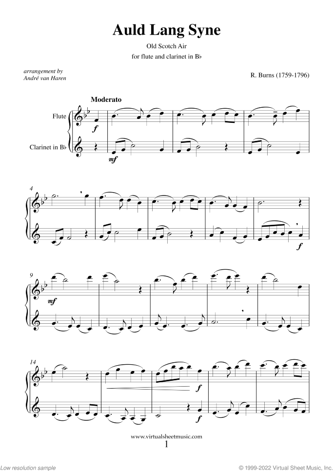 Auld Lang Syne sheet music for flute and clarinet by Robert Burns, classical score, easy duet