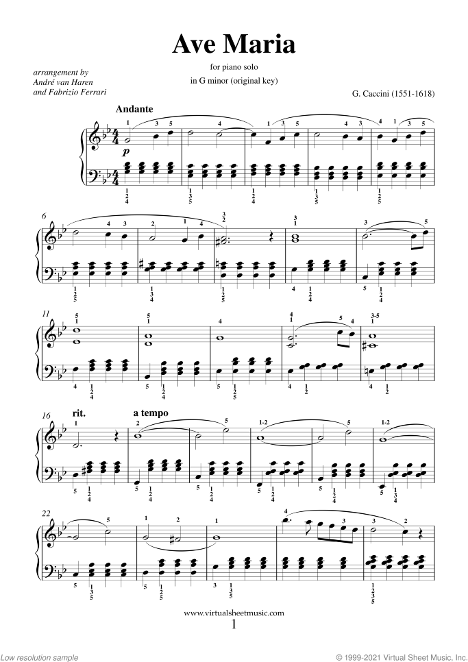 Ave Maria sheet music for piano solo by Giulio Caccini, classical wedding score, easy skill level