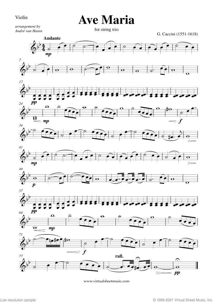 Ave Maria (parts) sheet music for string trio by Giulio Caccini, classical wedding score, intermediate skill level