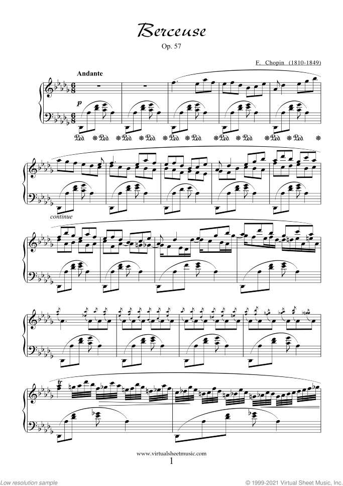 Berceuse Op.57 sheet music for piano solo by Frederic Chopin, classical score, advanced skill level