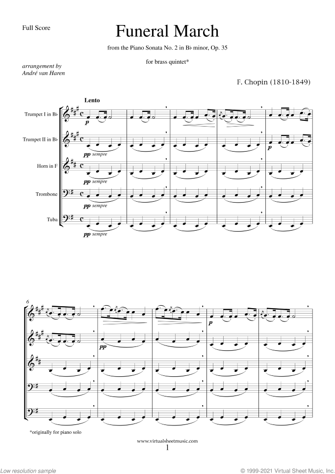 Funeral March (f.score) sheet music for brass quintet by Frederic Chopin, classical score, intermediate skill level
