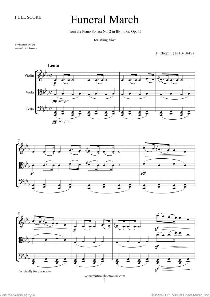 Funeral March (f.score) sheet music for string trio by Frederic Chopin, classical score, intermediate skill level