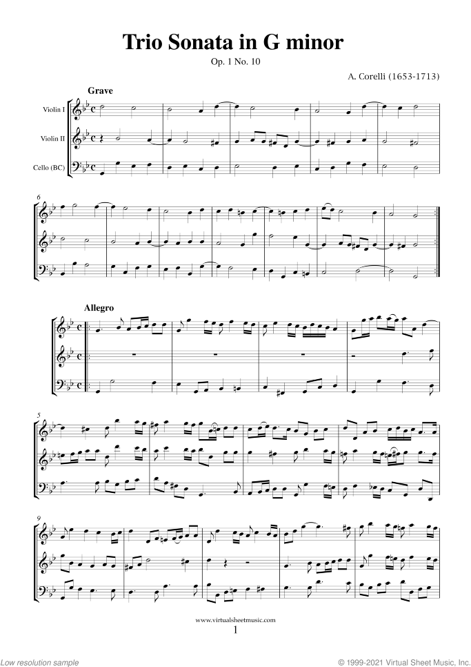 Trio Sonata in G minor Op.1 No.10 (f.score) sheet music for two violins and cello by Arcangelo Corelli, classical score, intermediate skill level