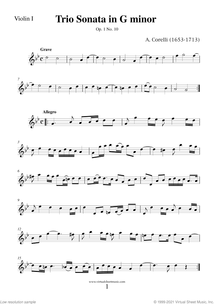 Trio Sonata in G minor Op.1 No.10 (COMPLETE) sheet music for two violins and cello by Arcangelo Corelli, classical score, intermediate skill level