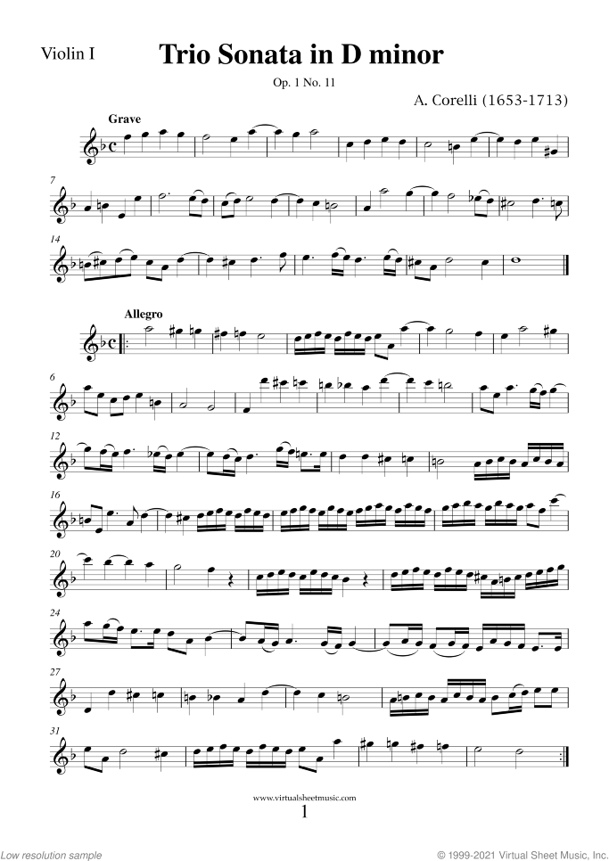 Trio Sonata in D minor Op.1 No.11 (parts) sheet music for two violins and cello by Arcangelo Corelli, classical score, intermediate skill level