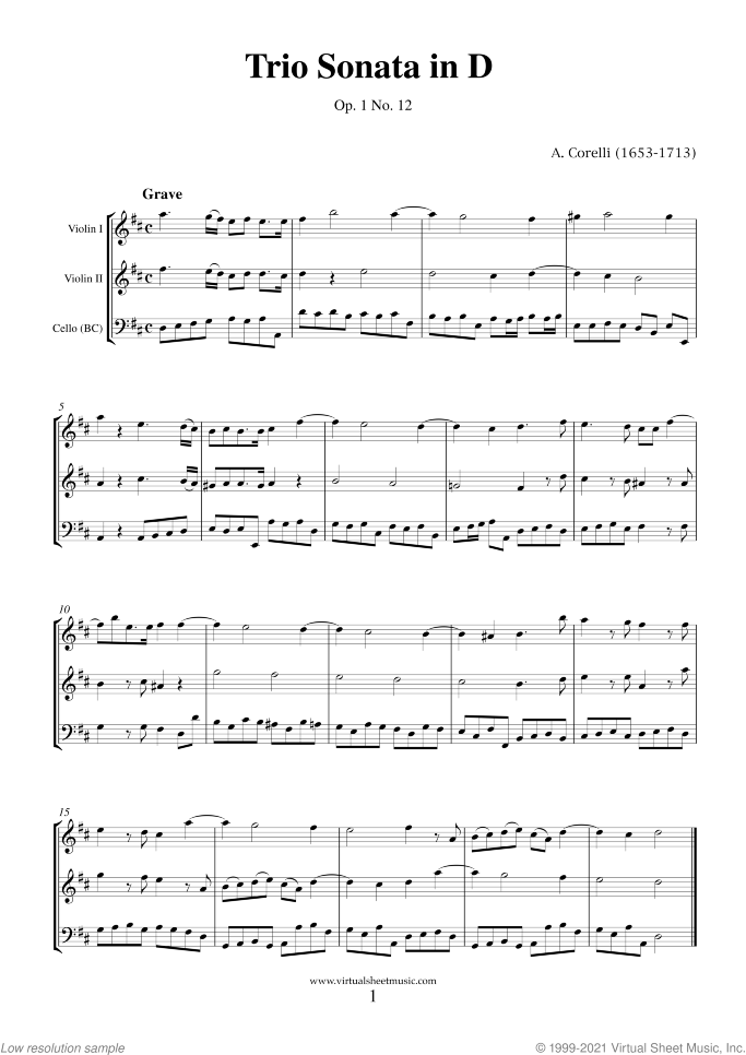 Trio Sonata in D major Op.1 No.12 (COMPLETE) sheet music for two violins and cello by Arcangelo Corelli, classical score, intermediate skill level