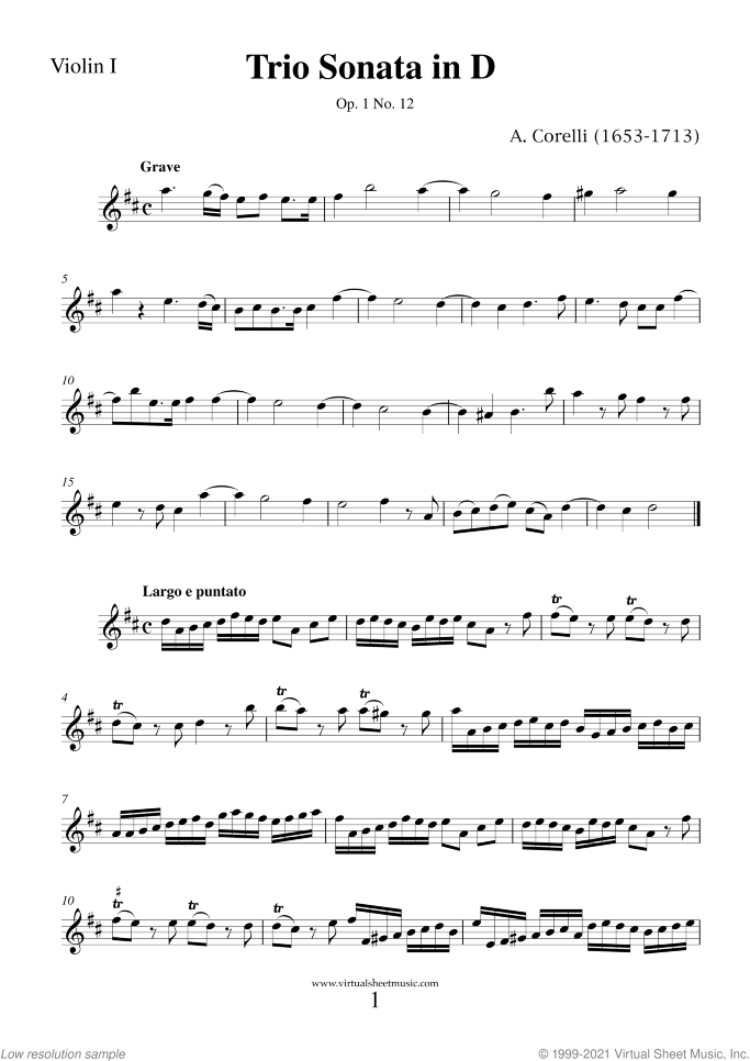 Trio Sonata in D major Op.1 No.12 (parts) sheet music for two violins and cello by Arcangelo Corelli, classical score, intermediate skill level