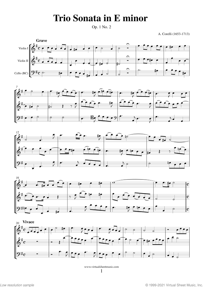 Trio Sonata in E minor Op.1 No.2 (f.score) sheet music for two violins and cello by Arcangelo Corelli, classical score, intermediate skill level