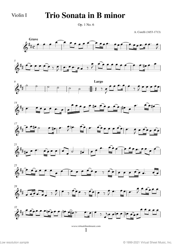 Trio Sonata in B minor Op.1 No.6 (parts) sheet music for two violins and cello by Arcangelo Corelli, classical score, intermediate skill level