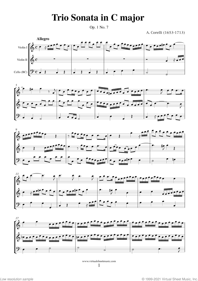 Trio Sonata in C major Op.1 No.7 (f.score) sheet music for two violins and cello by Arcangelo Corelli, classical score, intermediate skill level