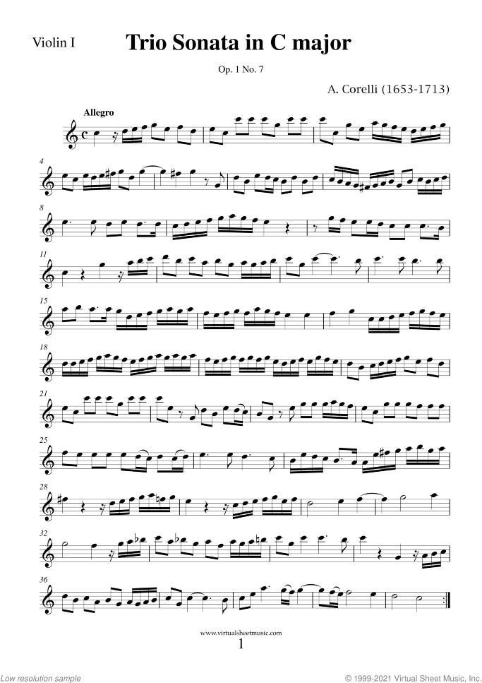 Trio Sonata in C major Op.1 No.7 (parts) sheet music for two violins and cello by Arcangelo Corelli, classical score, intermediate skill level