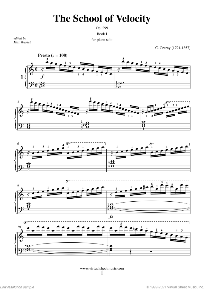The School of Velocity Op.299 sheet music for piano solo by Carl Czerny, classical score, intermediate/advanced skill level