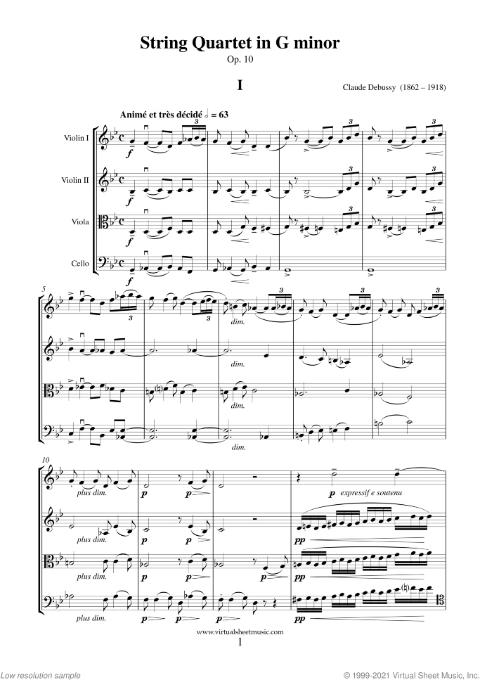 String Quartet in G minor Op.10 (f.score) sheet music for string quartet by Claude Debussy, classical score, advanced skill level
