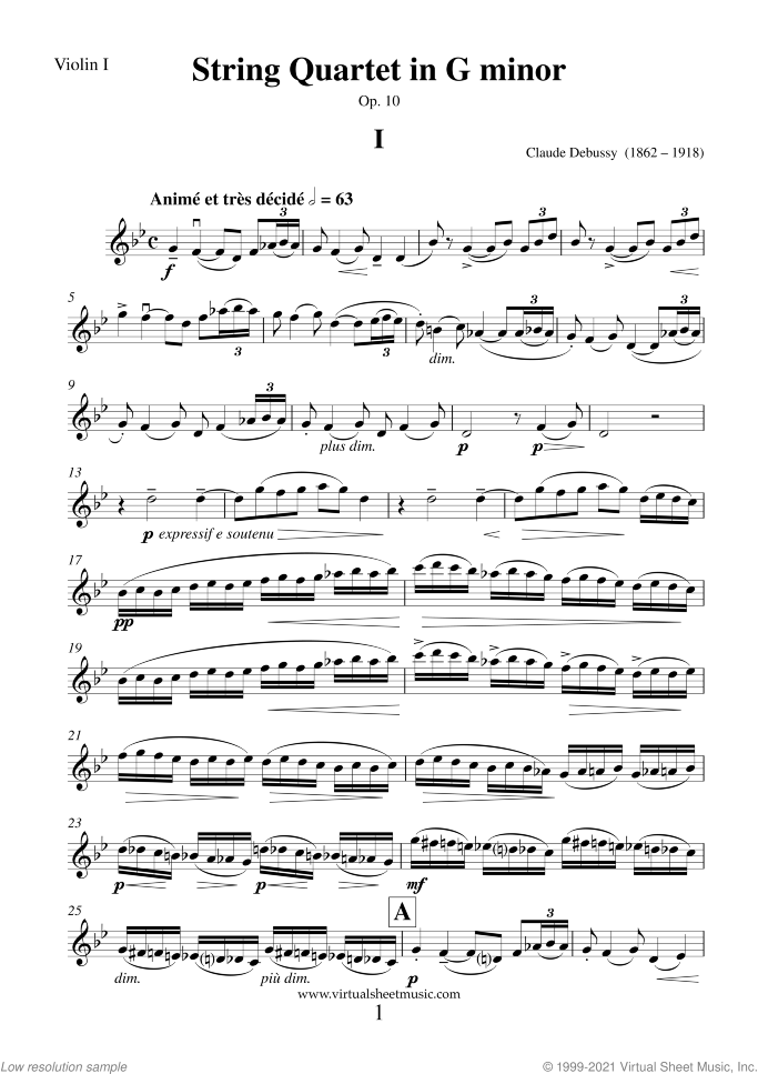 String Quartet in G minor Op.10 (parts) sheet music for string quartet by Claude Debussy, classical score, advanced skill level