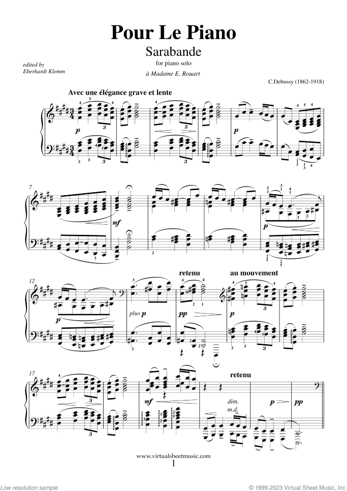 Pour le Piano - Sarabande sheet music for piano solo by Claude Debussy, classical score, advanced skill level