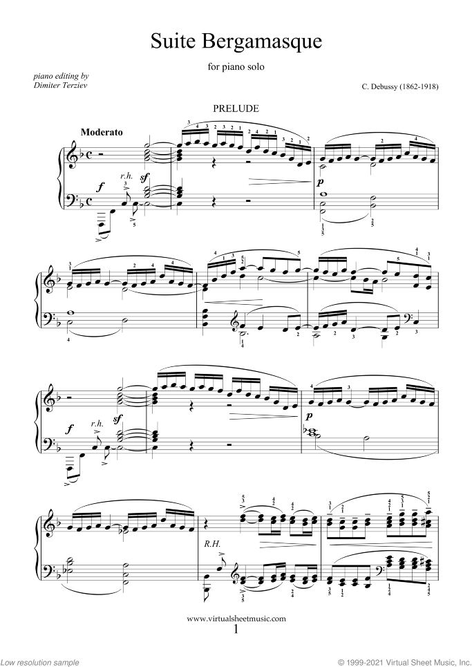 Suite Bergamasque sheet music for piano solo by Claude Debussy, classical score, intermediate skill level