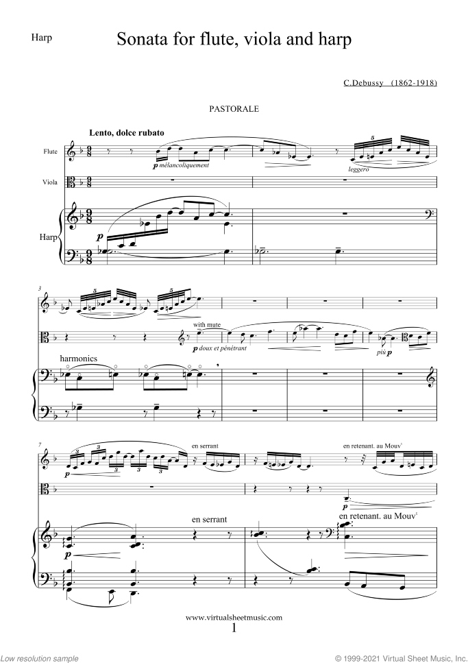 Sonata sheet music for flute, viola and harp by Claude Debussy, classical score, intermediate/advanced skill level