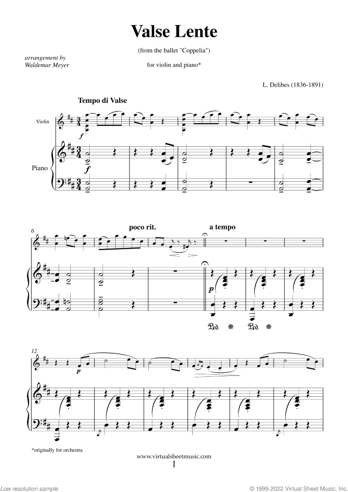 Valse Lente sheet music for violin and piano by Leo Delibes, classical wedding score, intermediate skill level