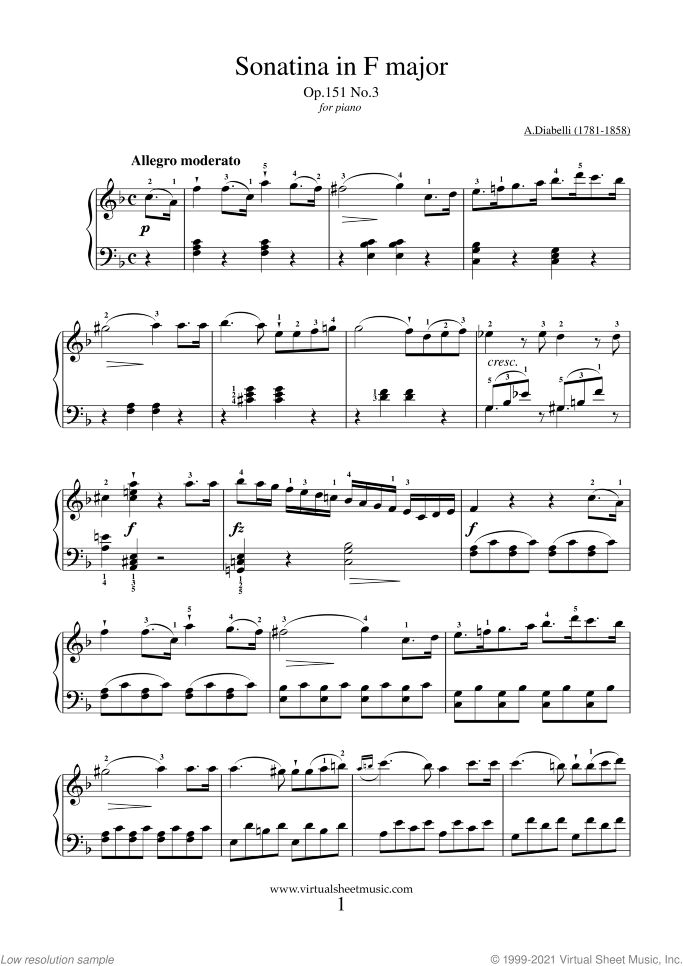 Sonatina in F major Op.151 No.3 sheet music for piano solo by Antonio Diabelli, classical score, easy skill level