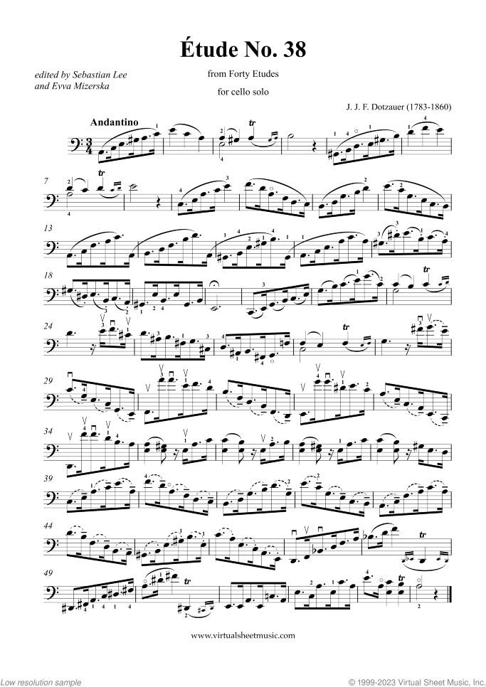 Etude No. 38 from Forty Etudes sheet music for cello solo by Friedrich Dotzauer, classical score, advanced skill level