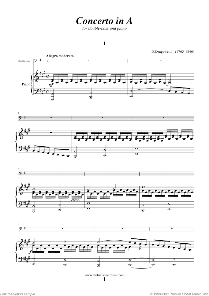 Concerto in A major sheet music for double-bass and piano by Domenico Dragonetti, classical score, advanced skill level