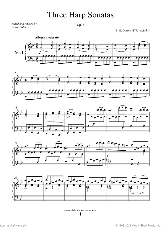 Three Harp Sonatas Op. 2 sheet music for harp solo by Sophia Giustina Dussek, classical score, intermediate skill level