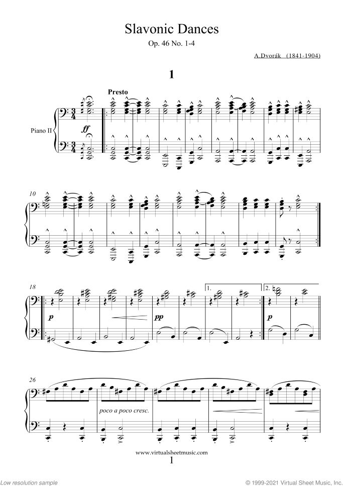 Slavonic Dances Op.46 No.1-4 sheet music for piano four hands by Antonin Dvorak, classical score, intermediate/advanced skill level